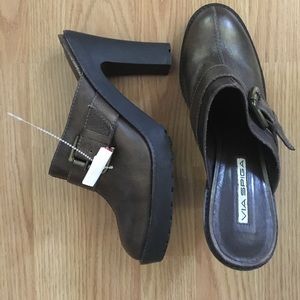 Via Spiga Brown Leather Buckle Clog Mules